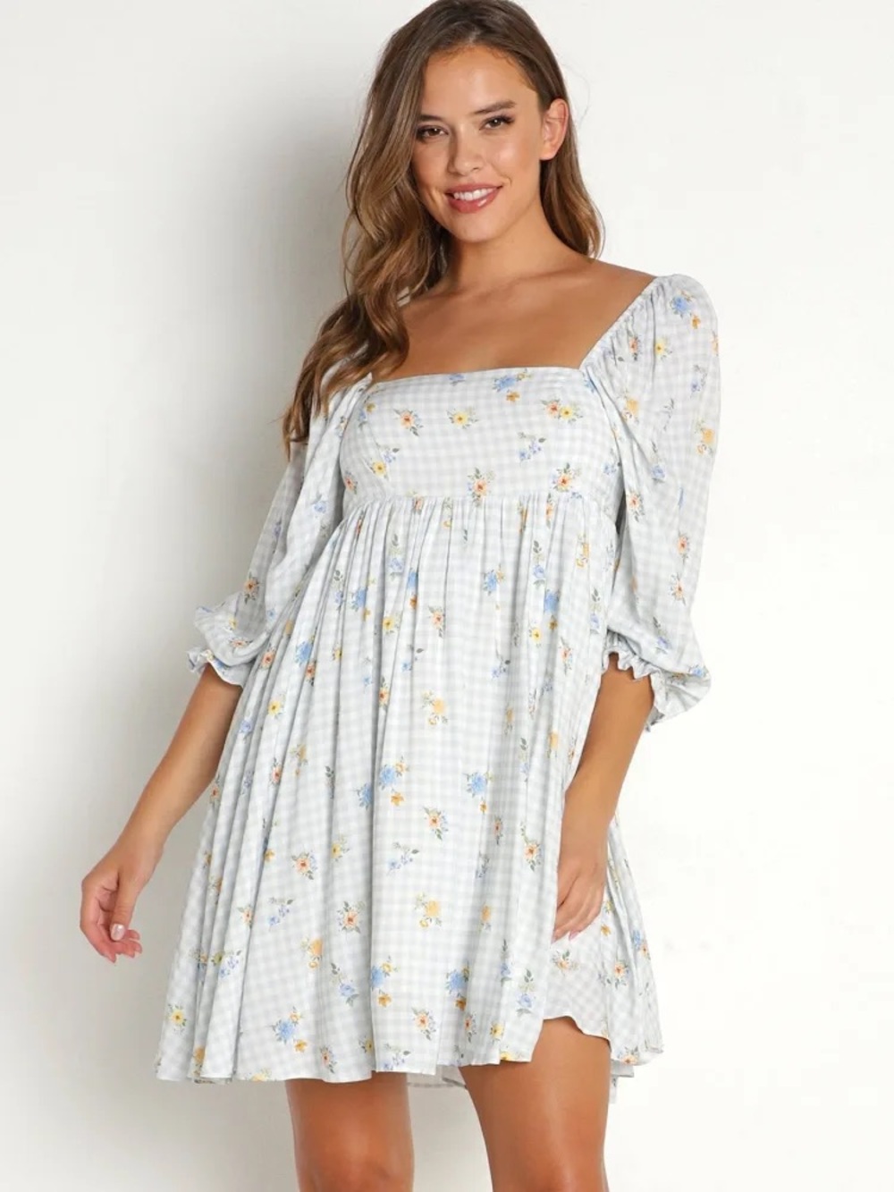 Sweet en Forme Multi Color Flowers and Gingham Babydoll Dress 57147